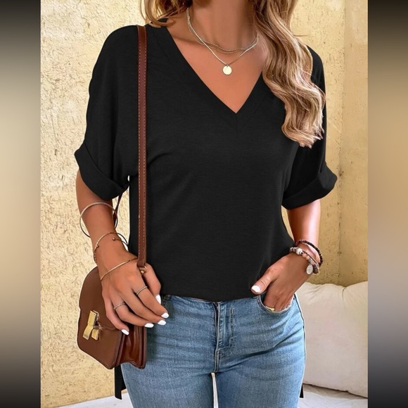 Boho casual V neck side slit oversized top - Picture 14 of 15